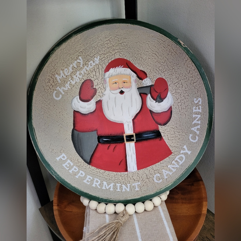 11" Santa Merry Christmas Holiday Round Wood Decor Bowl‎ gift giving